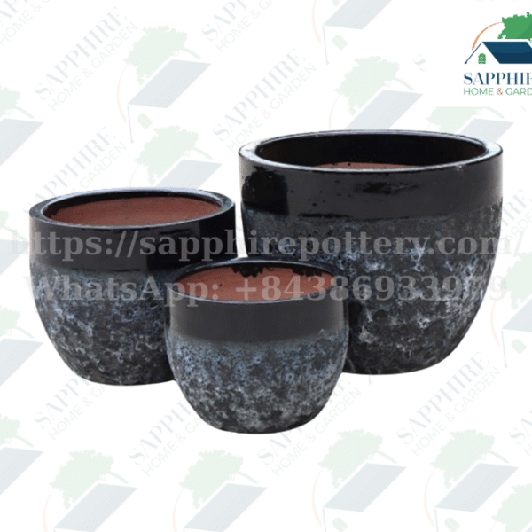 SAP107552 Set of 3 Shiny Black / Black Atlantis Planters