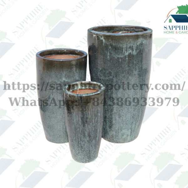 SAP1075907 Set of 3 Moss Green Glazed Ceramic Planters – Elegant Natural Finish