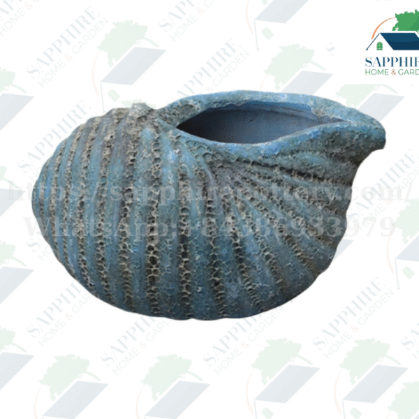 SAP26851409 Antique Blue Textured Seashell Planter – Vintage Coastal Ceramic Pot