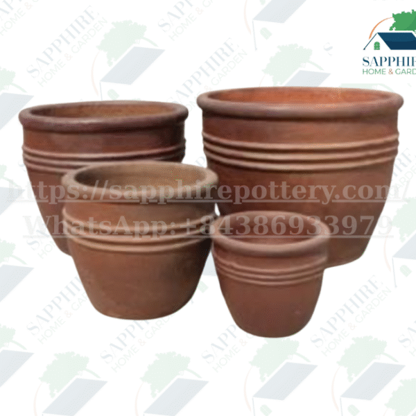 SAP26851138 Set of 4 High-Fired Black Clay Planters with Decorative Bands