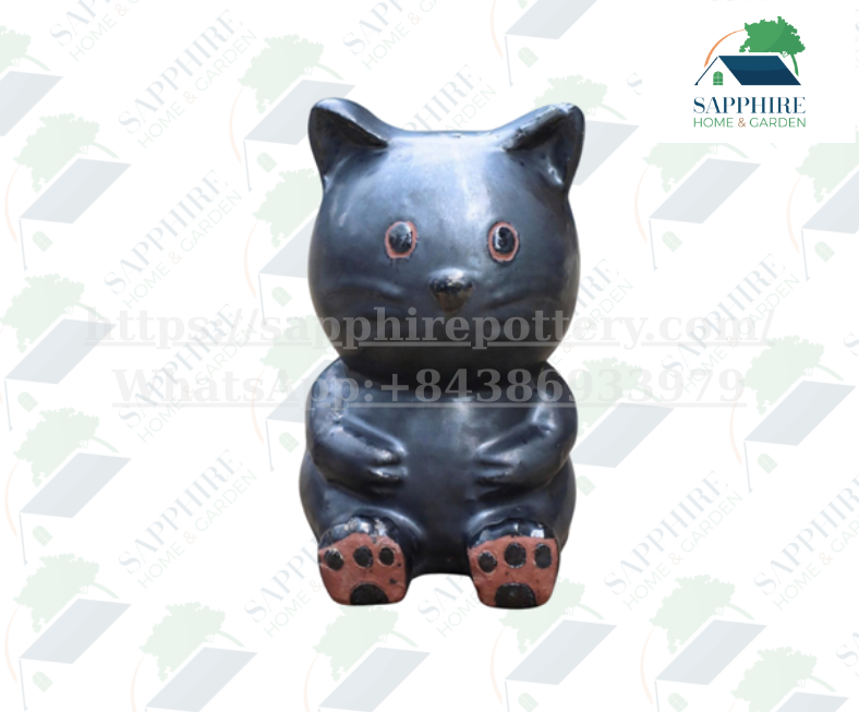 SAP290851611 Handcrafted Black Ceramic Cat Figurine – Cute Sitting Kitty Decor