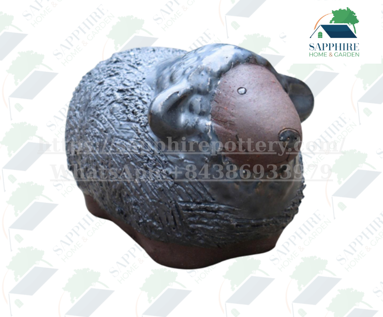 SAP290851612 Handcrafted Black Ceramic Sheep Figurine – Rustic Farmhouse Animal Decor