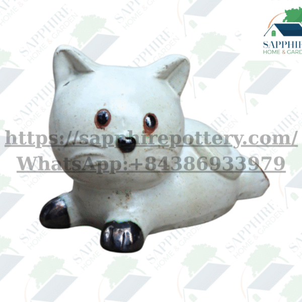 SAP290851615 Handmade Ceramic Cat Figurine – Lying Down White Kitty Decor