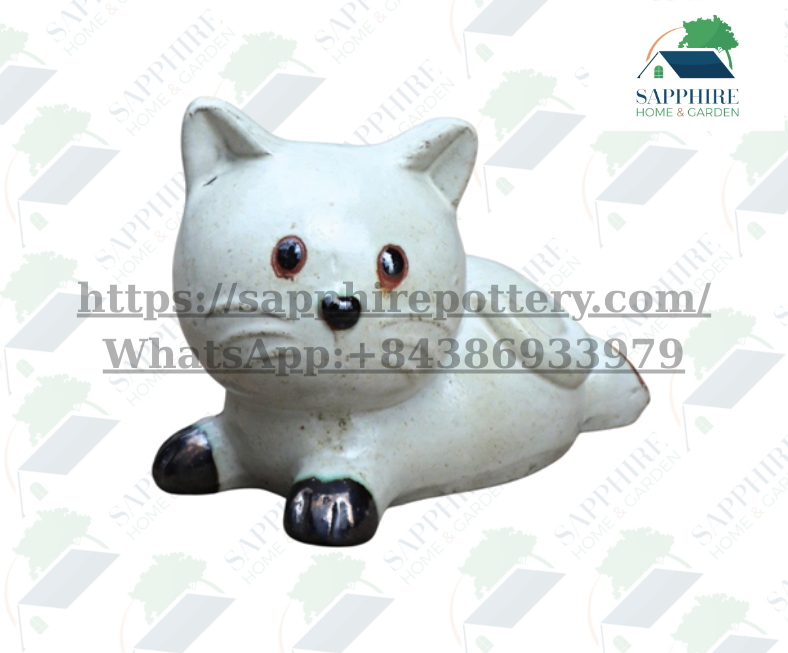 SAP290851615 Handmade Ceramic Cat Figurine – Lying Down White Kitty Decor