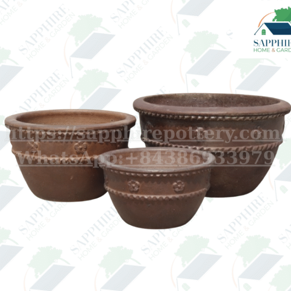 SAP1911137 Set of 3 High-Fired Black Clay Planters with Floral Embossed Detail